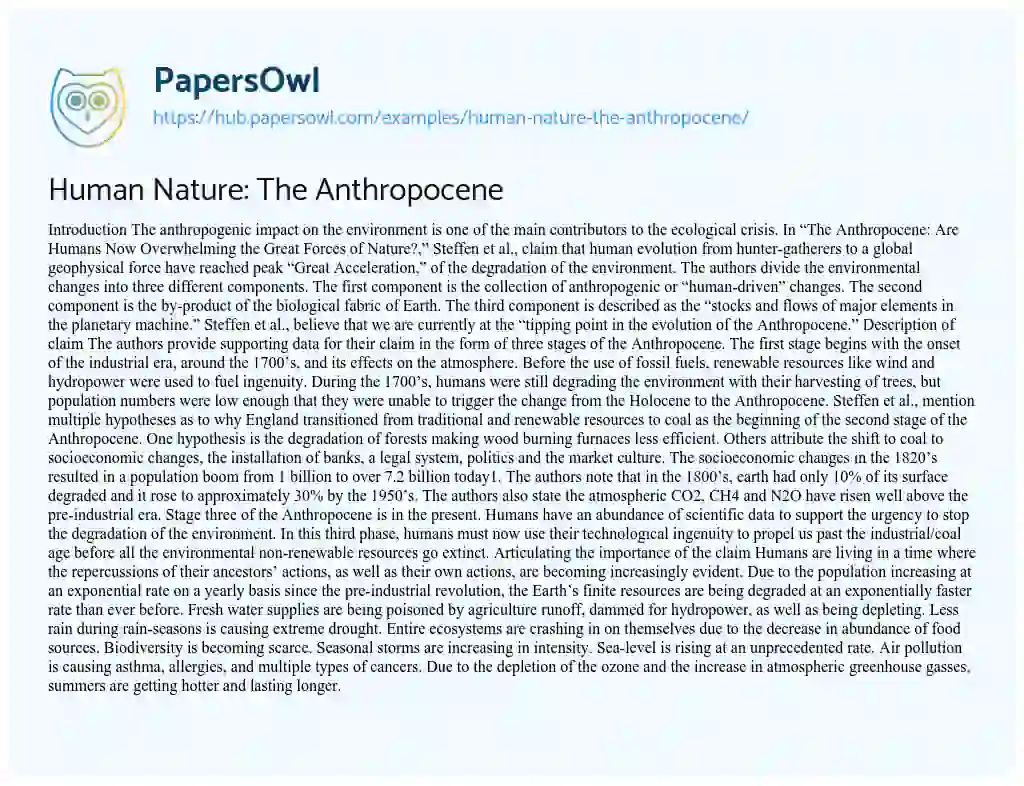 Essay on Human Nature: The Anthropocene