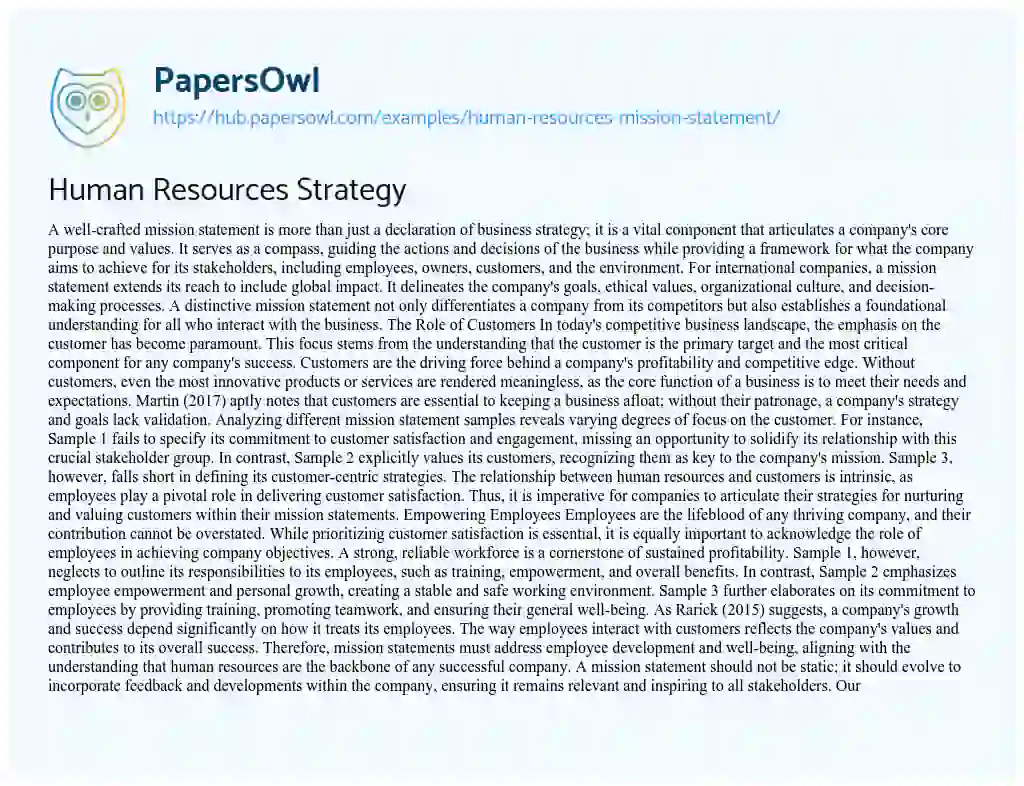 Essay on Human Resources Strategy