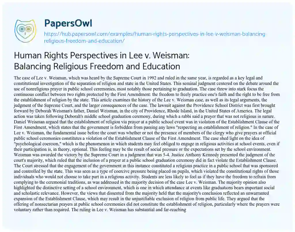 Essay on Human Rights Perspectives in Lee v. Weisman: Balancing Religious Freedom and Education