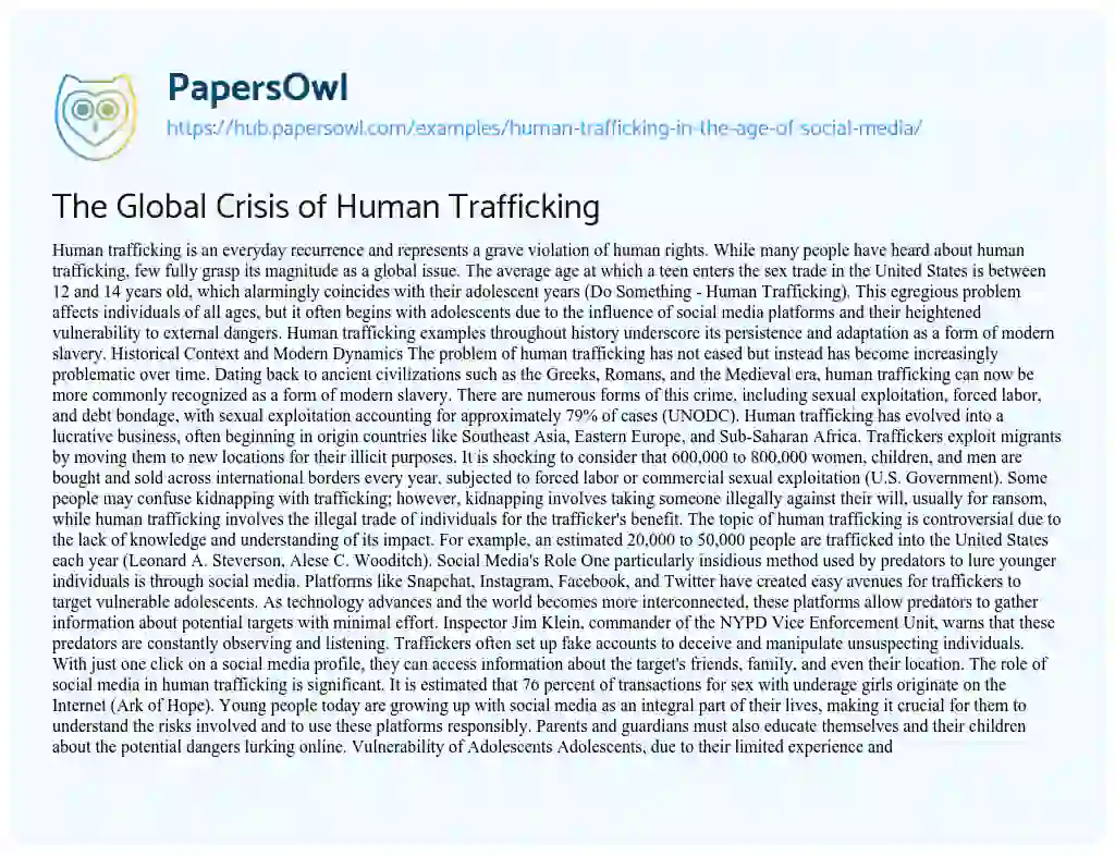 Essay on The Global Crisis of Human Trafficking