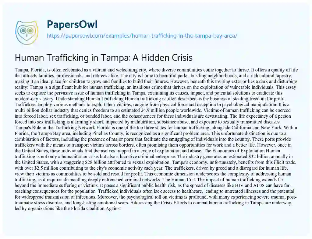 Essay on Human Trafficking in Tampa: A Hidden Crisis