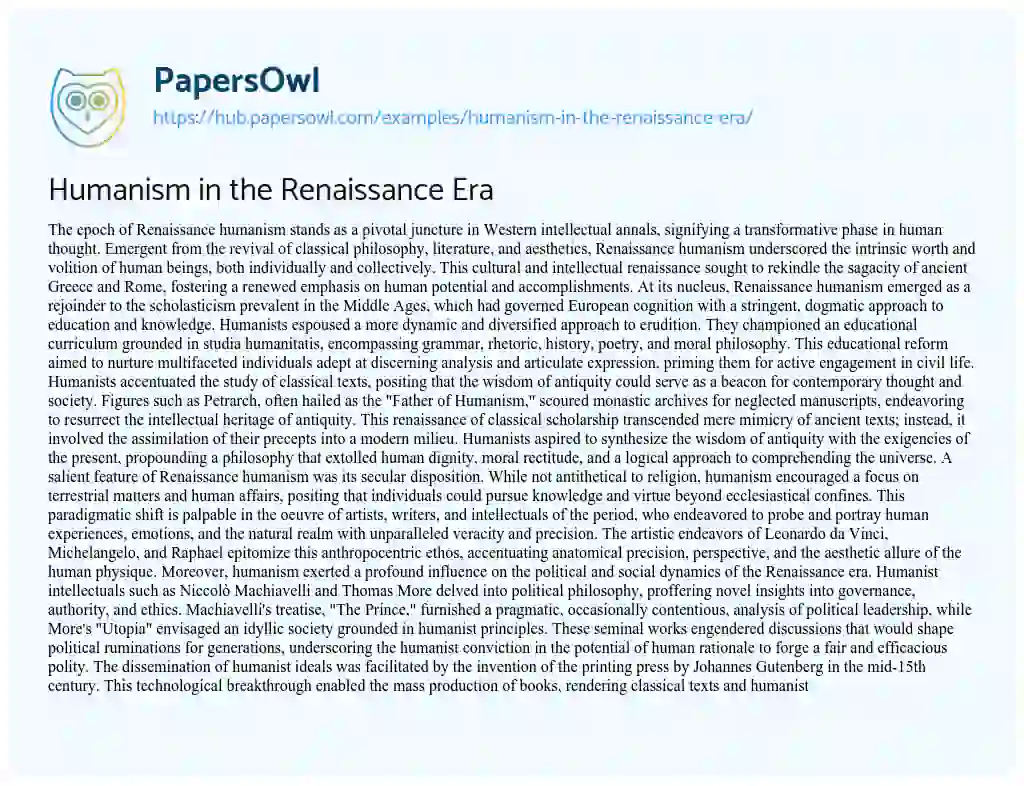 Essay on Humanism in the Renaissance Era