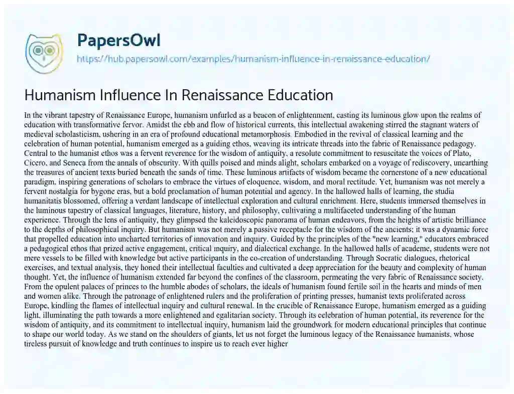 Essay on Humanism Influence In Renaissance Education
