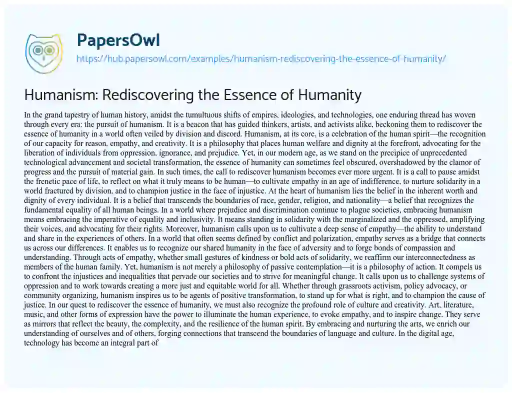 Essay on Humanism: Rediscovering the Essence of Humanity
