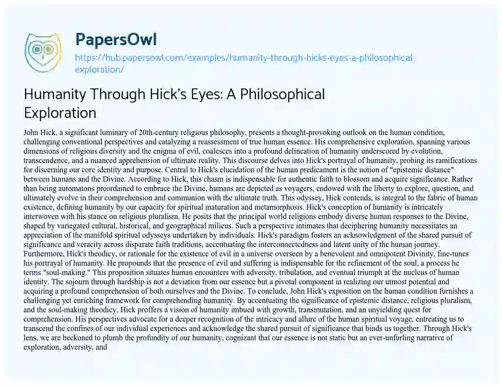 Essay on Humanity Through Hick’s Eyes: A Philosophical Exploration