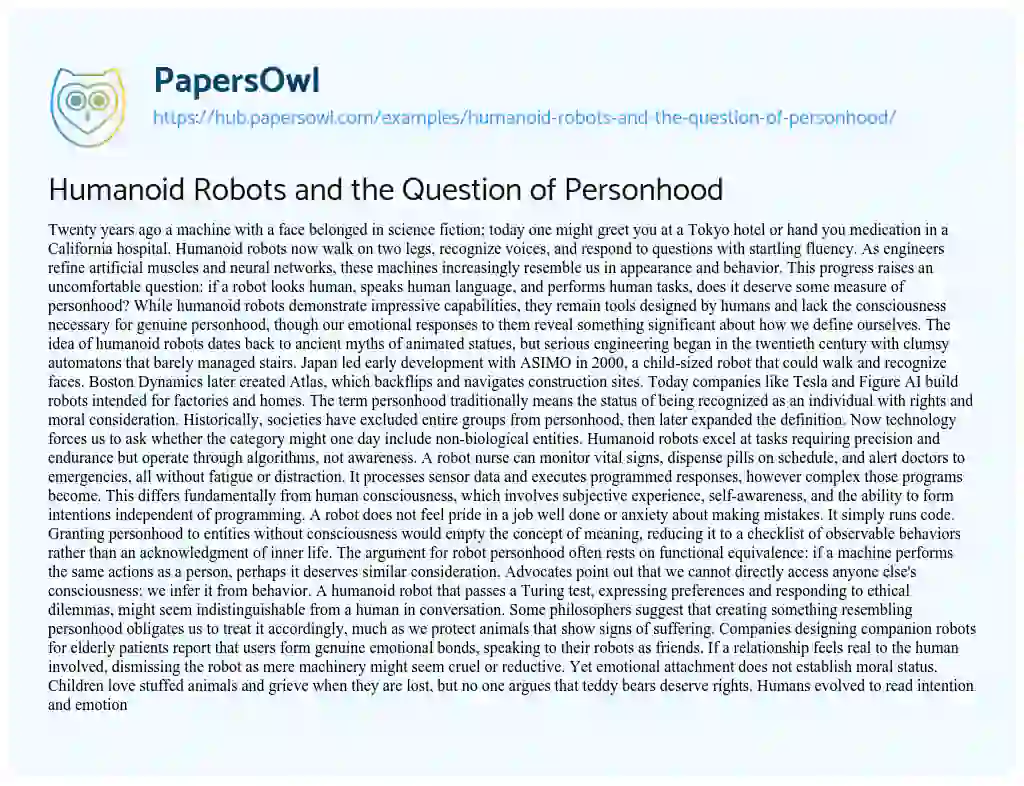 Essay on Humanoid Robots and the Question of Personhood