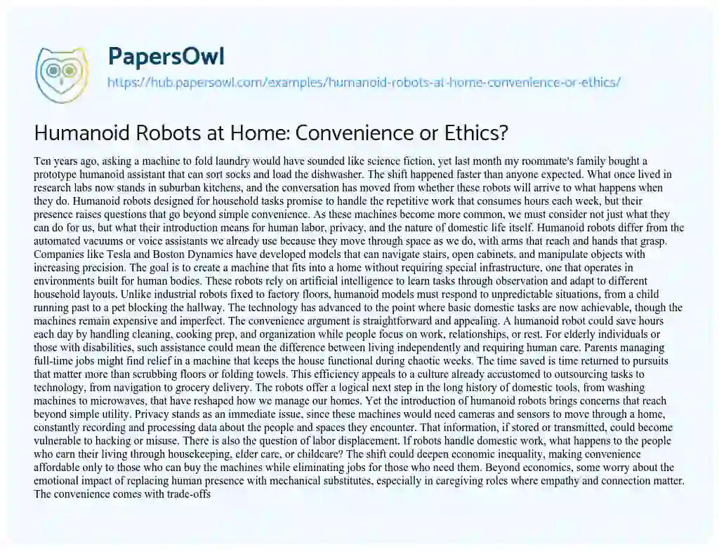Essay on Humanoid Robots at Home: Convenience or Ethics?