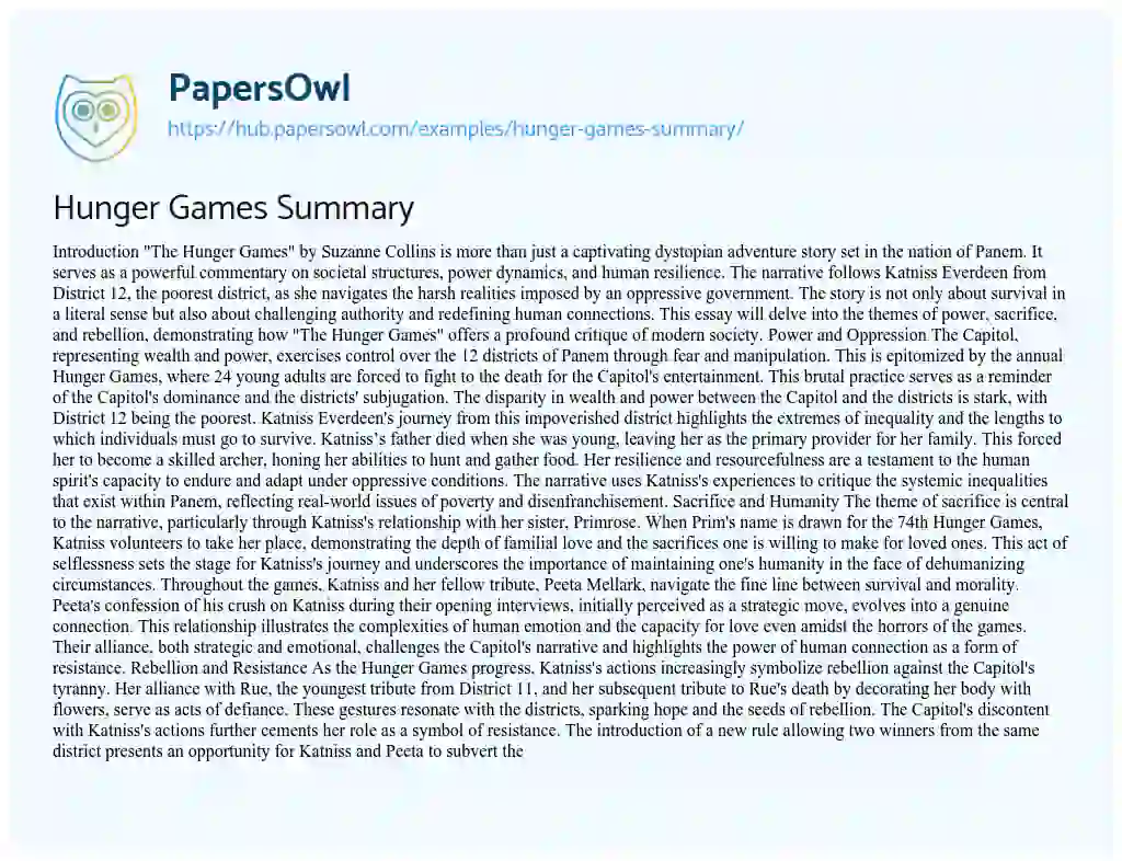 Essay on Hunger Games Summary