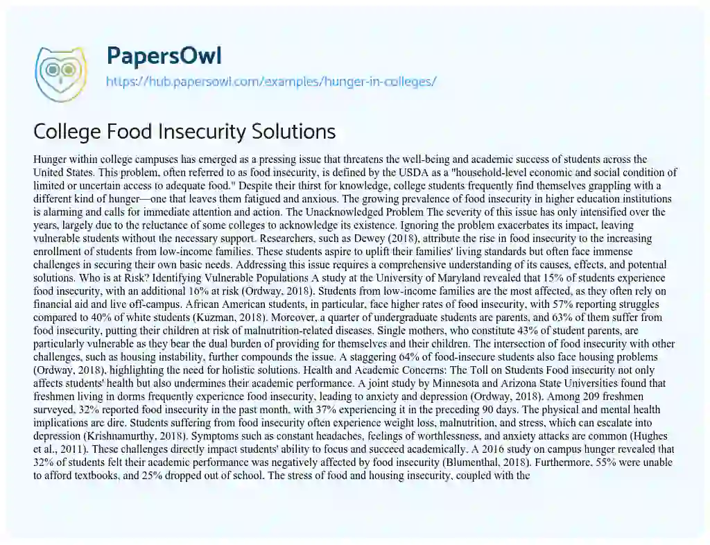 Essay on College Food Insecurity Solutions