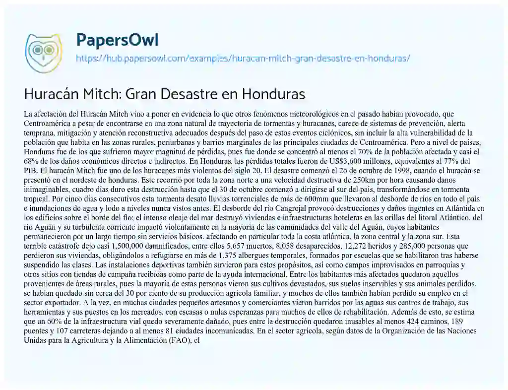 Essay on Huracán Mitch: Gran Desastre en Honduras