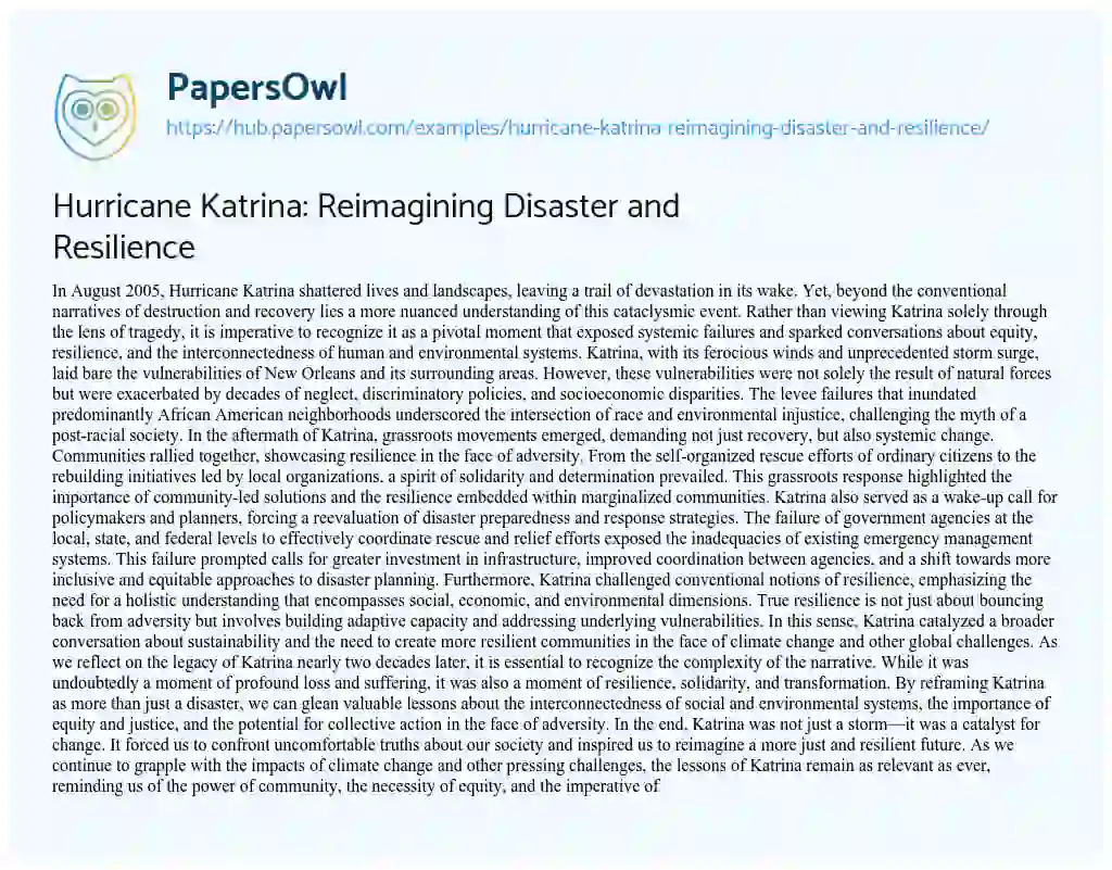 Essay on Hurricane Katrina: Reimagining Disaster and Resilience