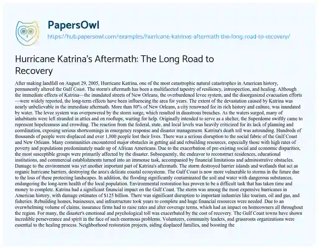 Essay on Hurricane Katrina’s Aftermath: The Long Road to Recovery