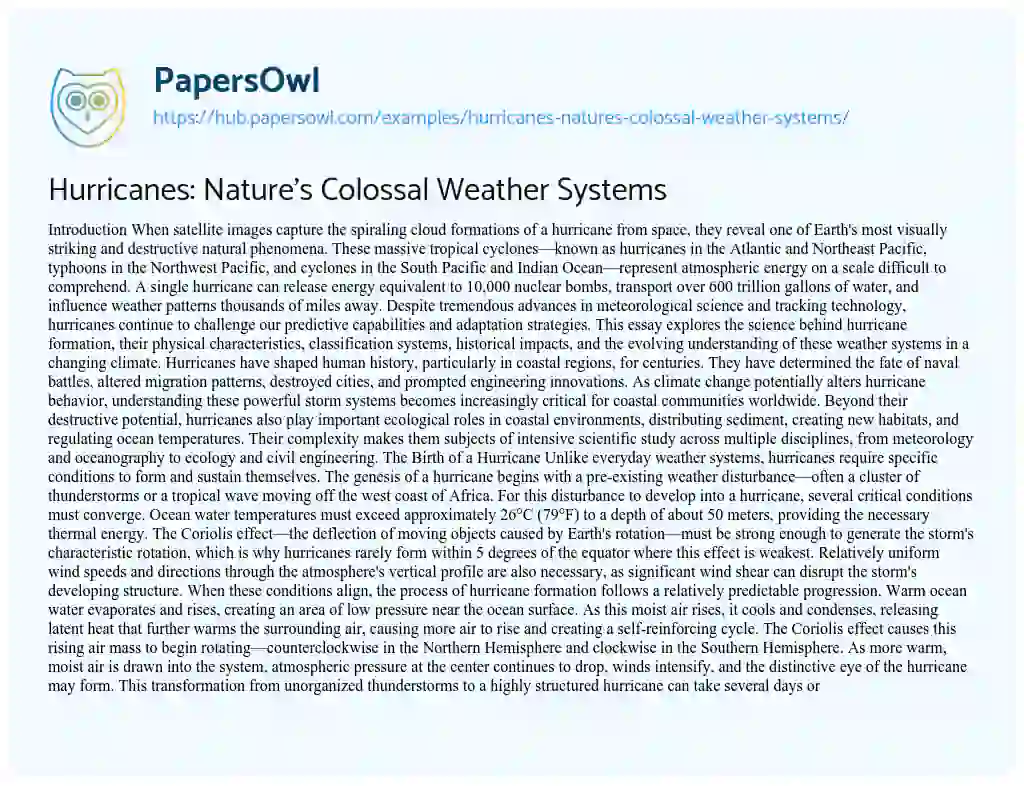 Essay on Hurricanes: Nature’s Colossal Weather Systems
