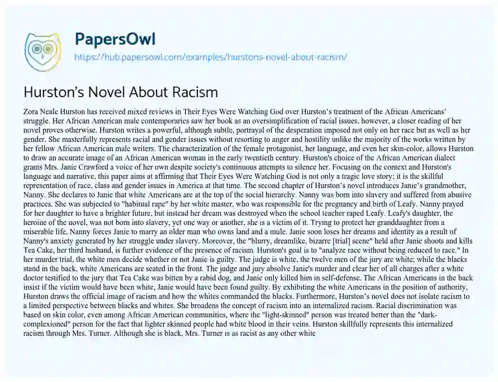 Essay on Hurston’s Novel About Racism