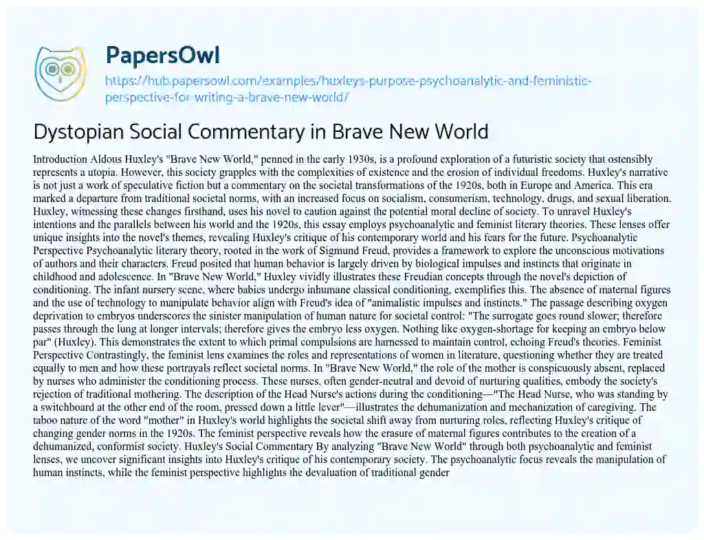 Essay on Dystopian Social Commentary in Brave New World