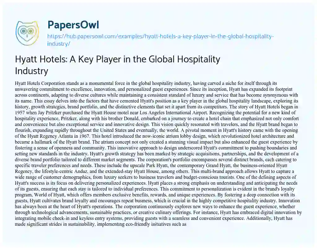 Essay on Hyatt Hotels: A Key Player in the Global Hospitality Industry
