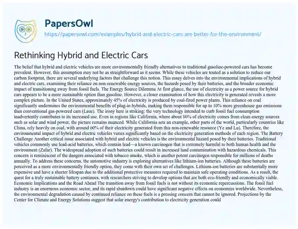 Essay on Rethinking Hybrid and Electric Cars