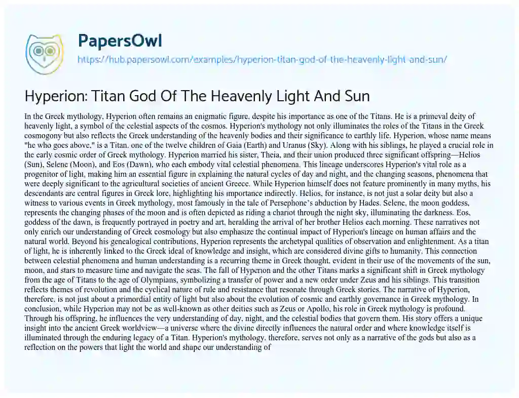 Essay on Hyperion: Titan God Of The Heavenly Light And Sun