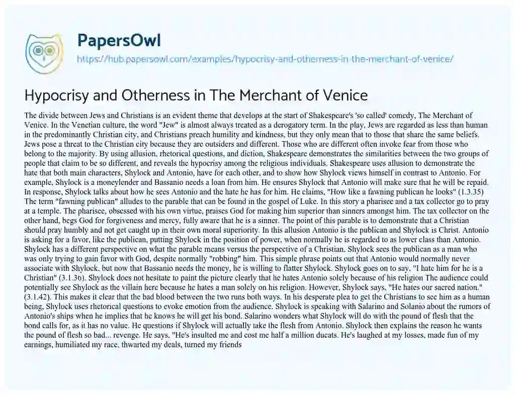 Essay on Hypocrisy and Otherness in The Merchant of Venice
