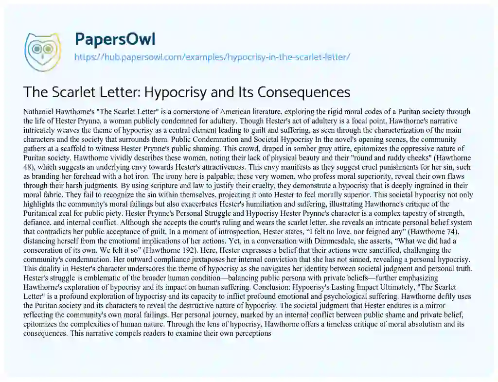 Essay on The Scarlet Letter: Hypocrisy and Its Consequences
