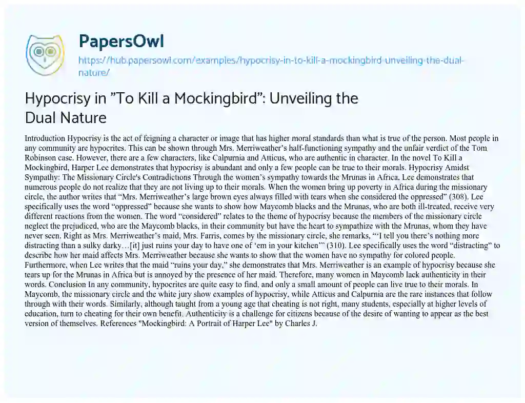 Essay on Hypocrisy in “To Kill a Mockingbird”: Unveiling the Dual Nature