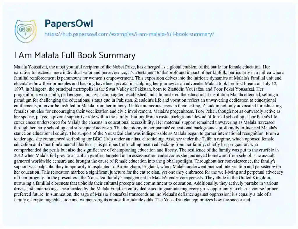 Essay on I Am Malala Full Book Summary