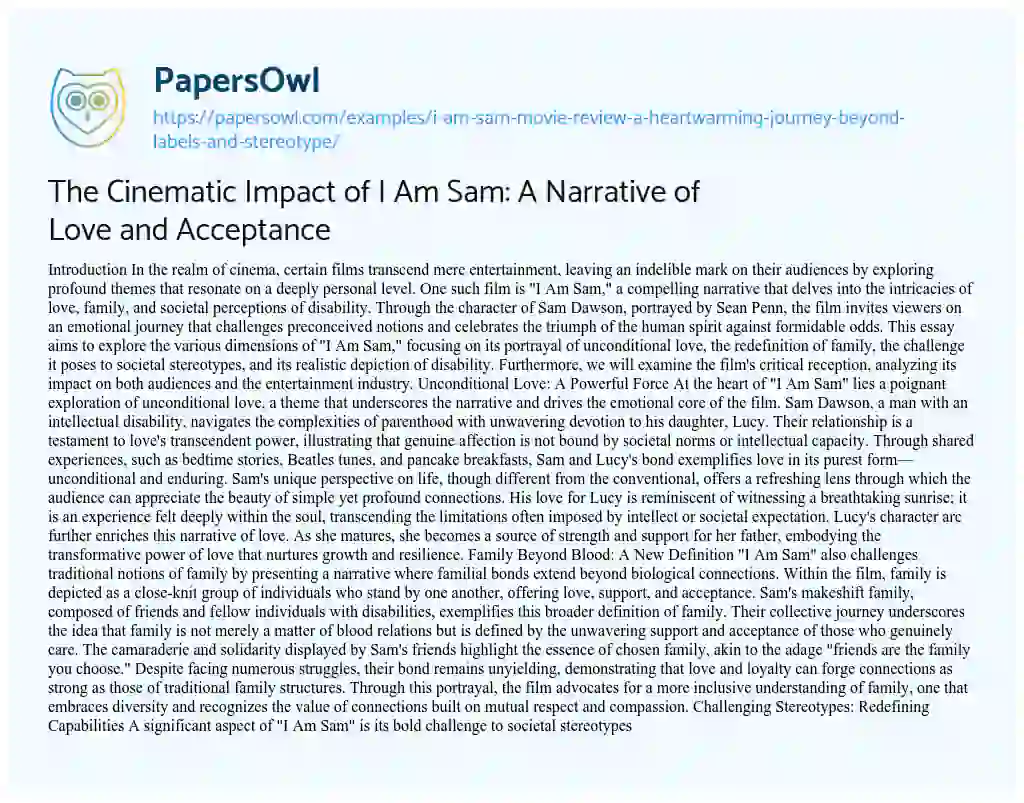 Essay on The Cinematic Impact of I Am Sam: A Narrative of Love and Acceptance