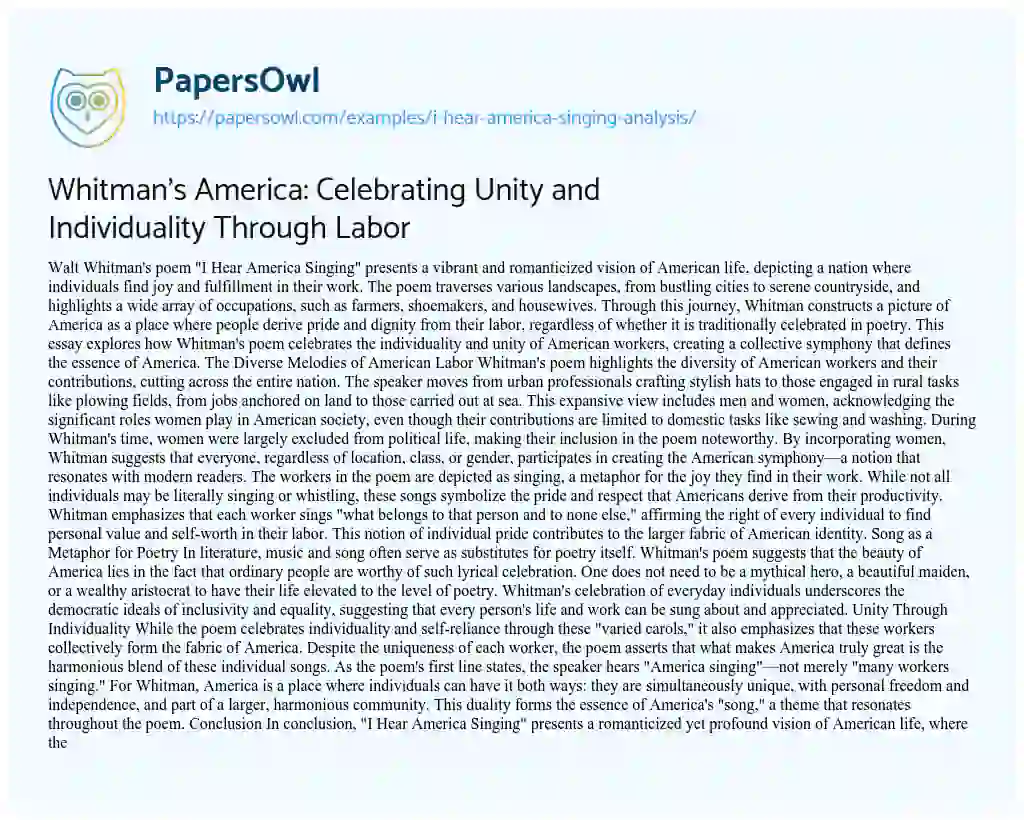 Essay on Whitman’s America: Celebrating Unity and Individuality Through Labor