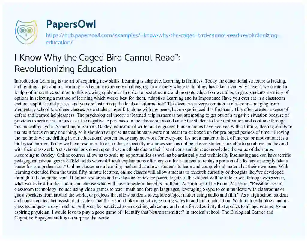 Essay on I Know Why the Caged Bird Cannot Read”: Revolutionizing Education
