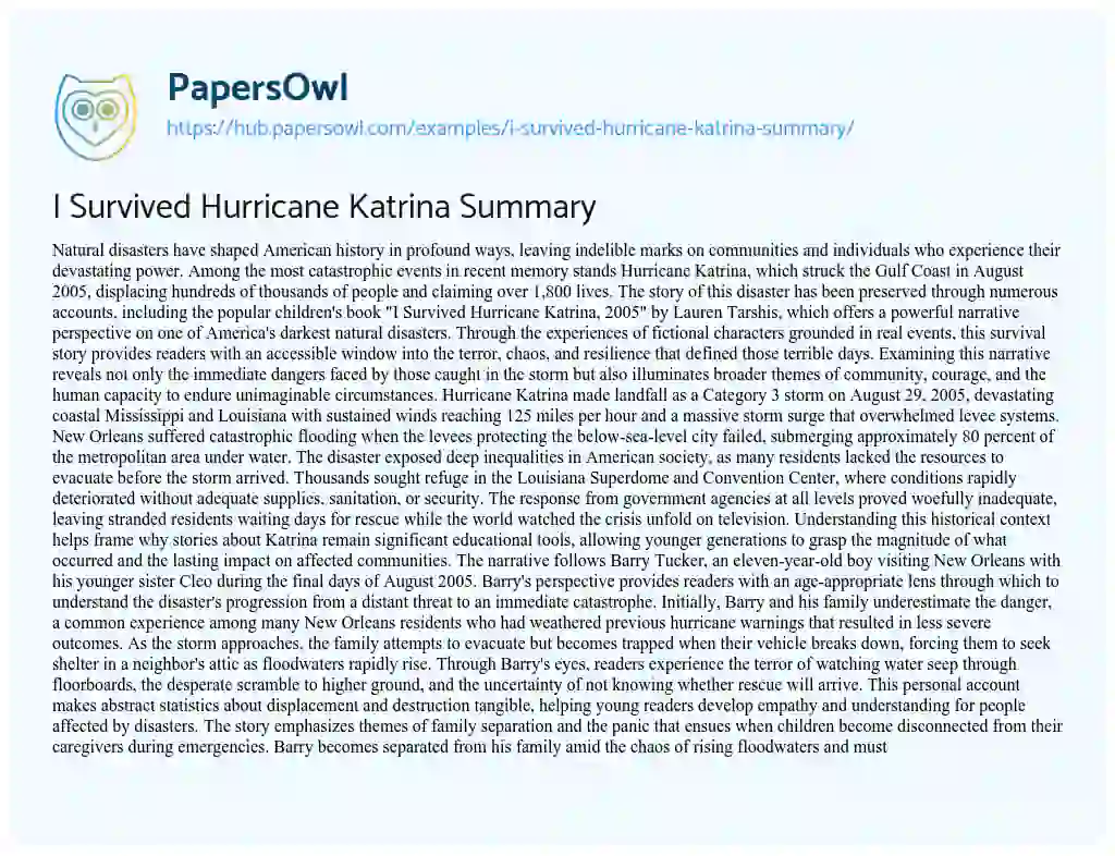 Essay on I Survived Hurricane Katrina Summary