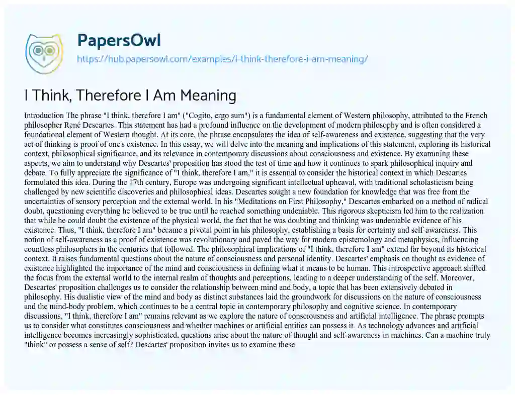 Essay on I Think, Therefore I Am Meaning