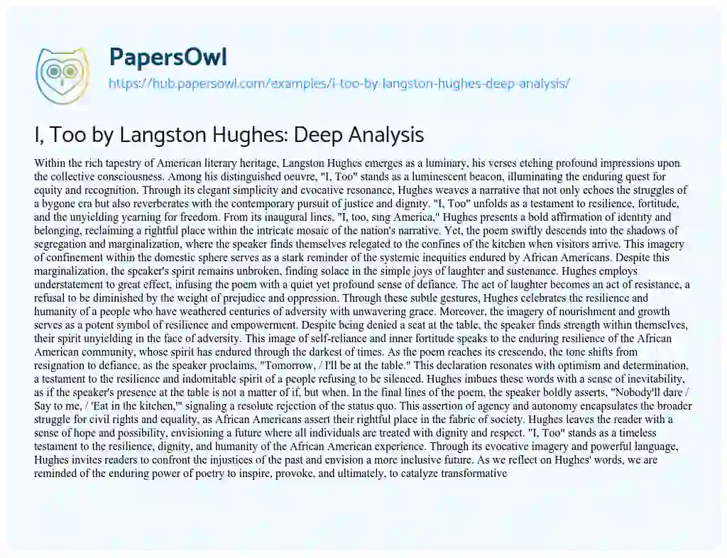 Essay on I, Too by Langston Hughes: Deep Analysis