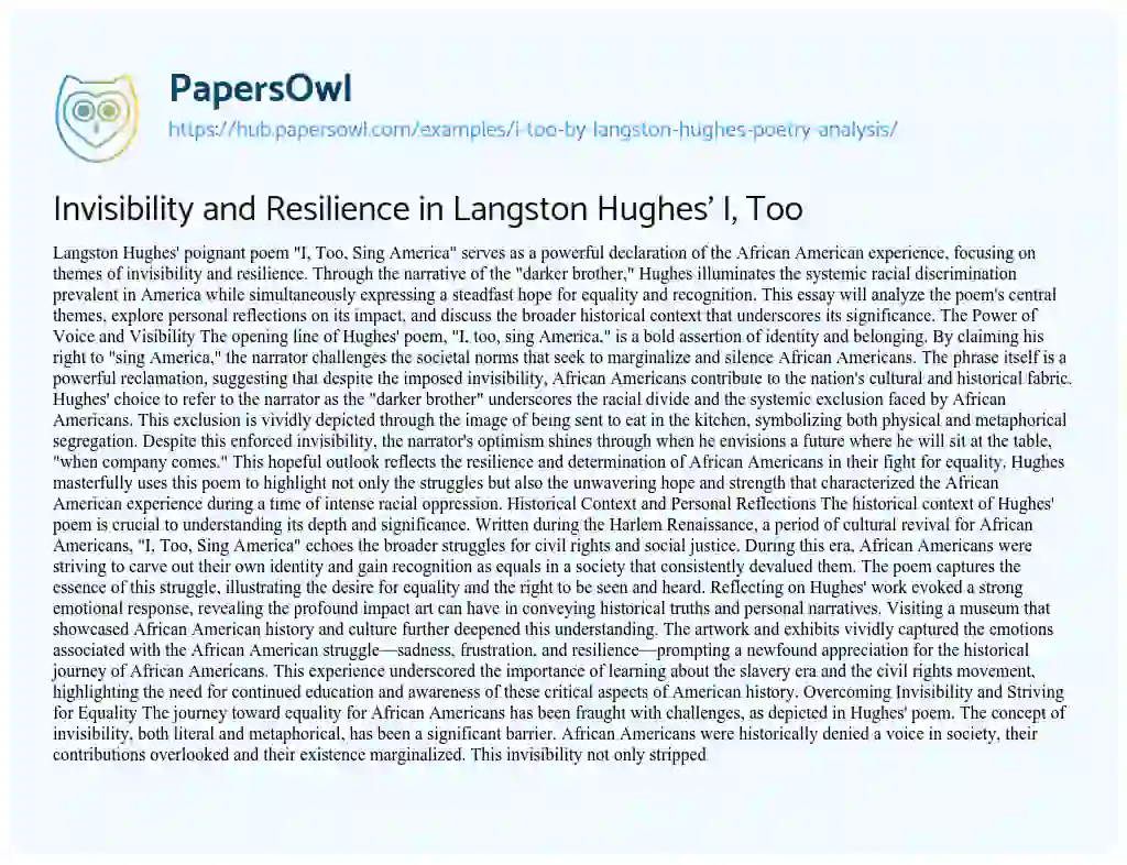 Essay on Invisibility and Resilience in Langston Hughes’ I, Too