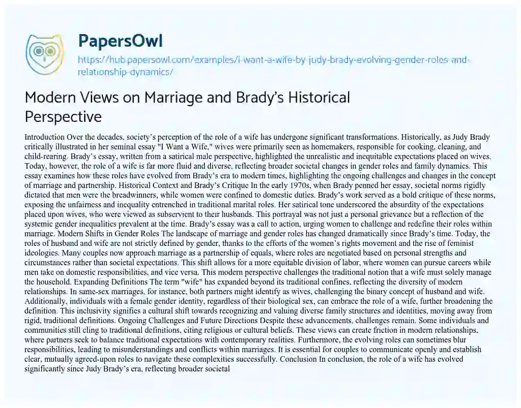 Essay on Modern Views on Marriage and Brady’s Historical Perspective