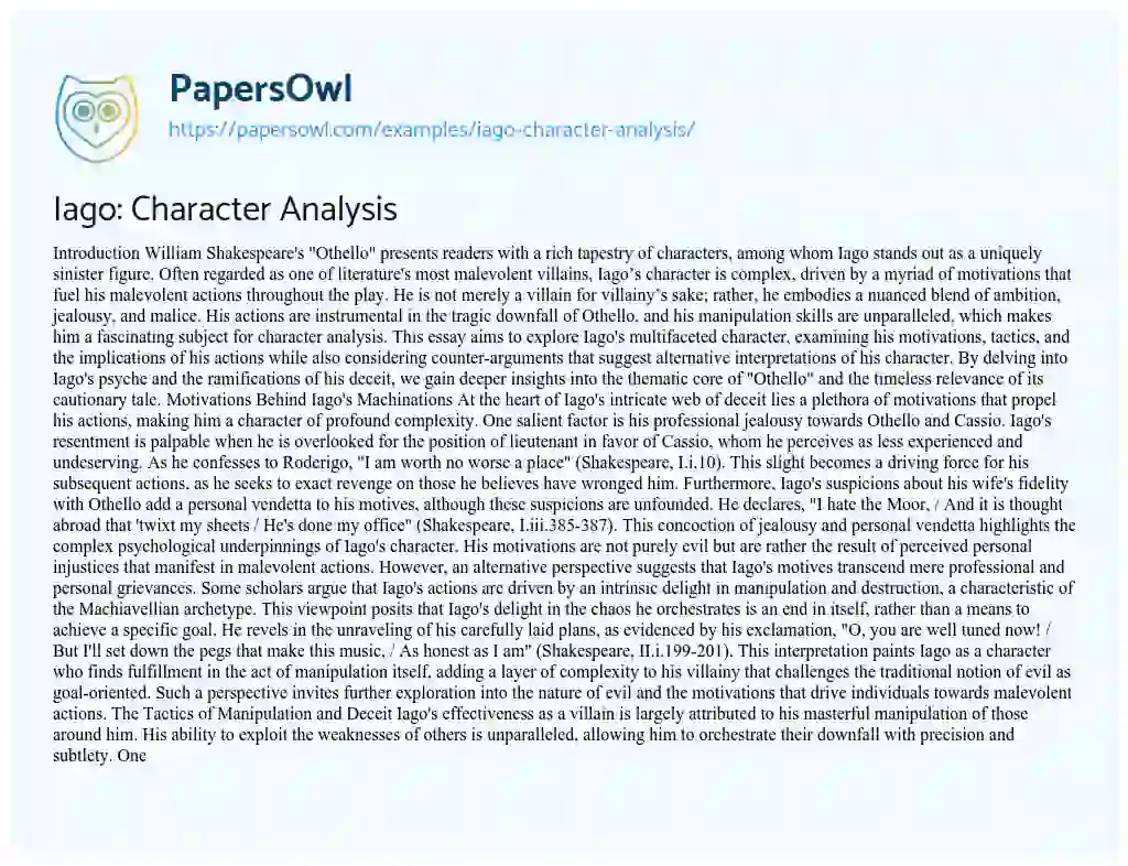 Essay on Iago: Character Analysis