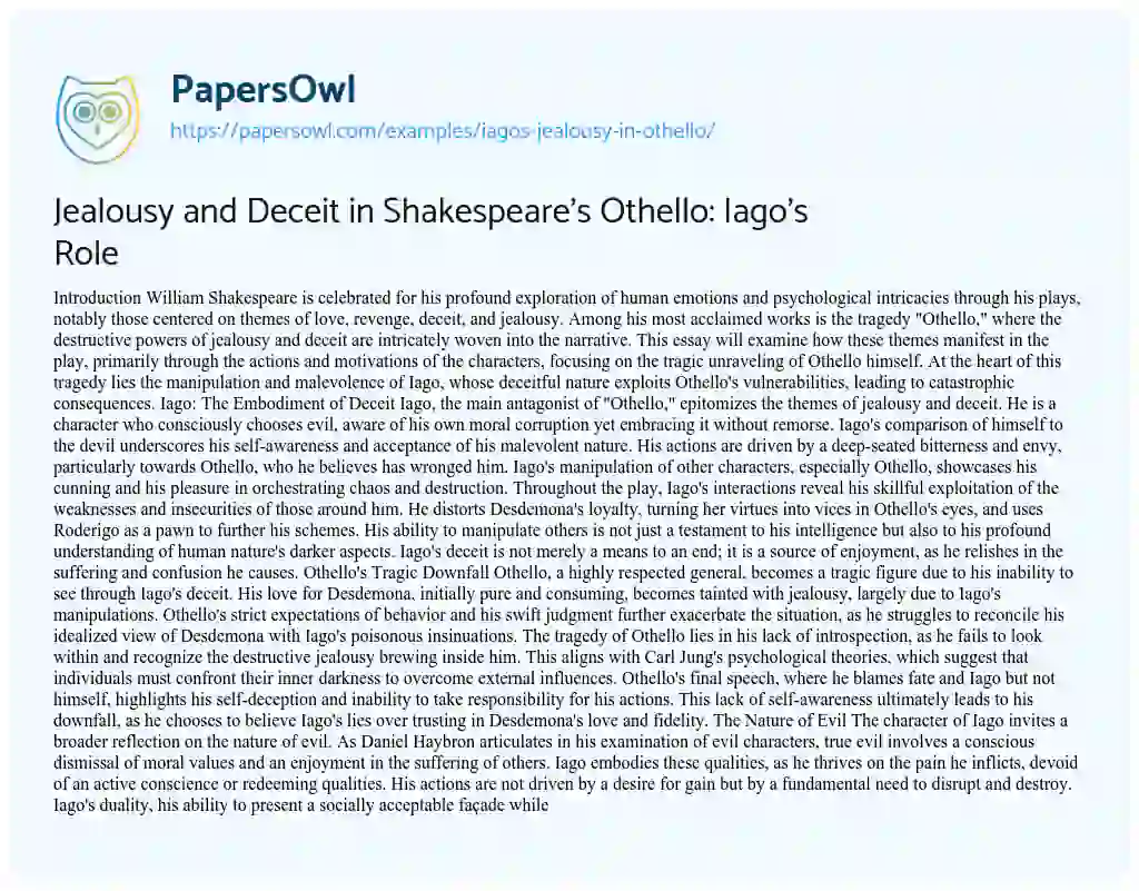 Essay on Jealousy and Deceit in Shakespeare’s Othello: Iago’s Role