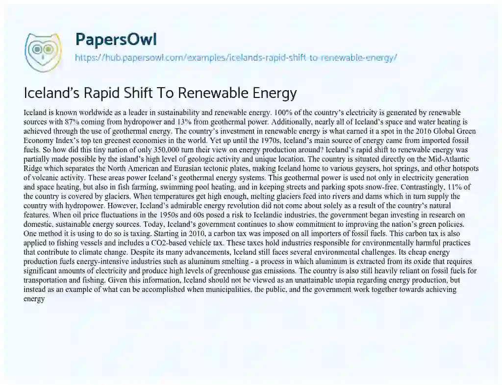 Essay on Iceland’s Rapid Shift To Renewable Energy