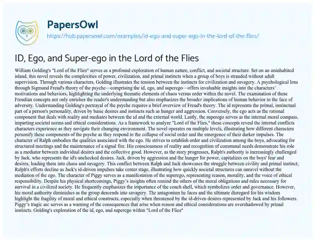 Essay on ID, Ego, and Super-ego in the Lord of the Flies