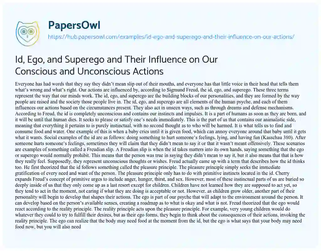 Essay on Id, Ego, and Superego and Their Influence on Our Conscious and Unconscious Actions