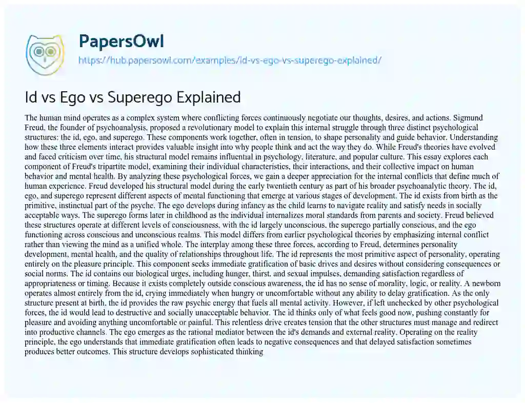 Essay on Id vs Ego vs Superego Explained