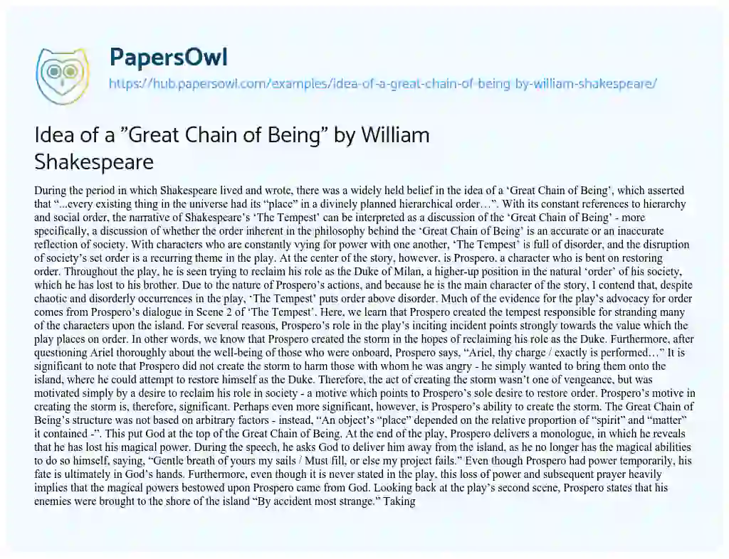 Essay on Idea of a “Great Chain of Being” by William Shakespeare
