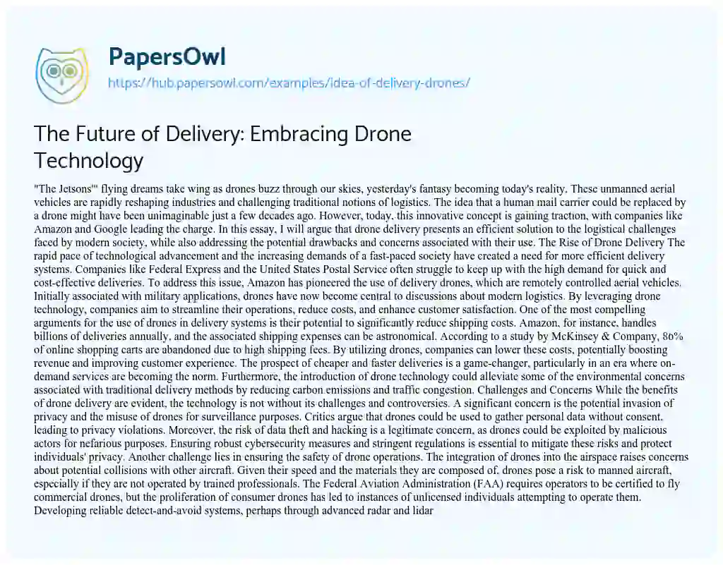 Essay on The Future of Delivery: Embracing Drone Technology