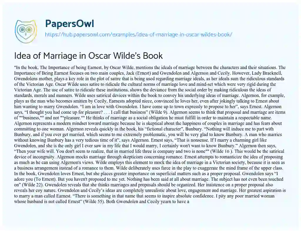 Essay on Idea of Marriage in Oscar Wilde’s Book