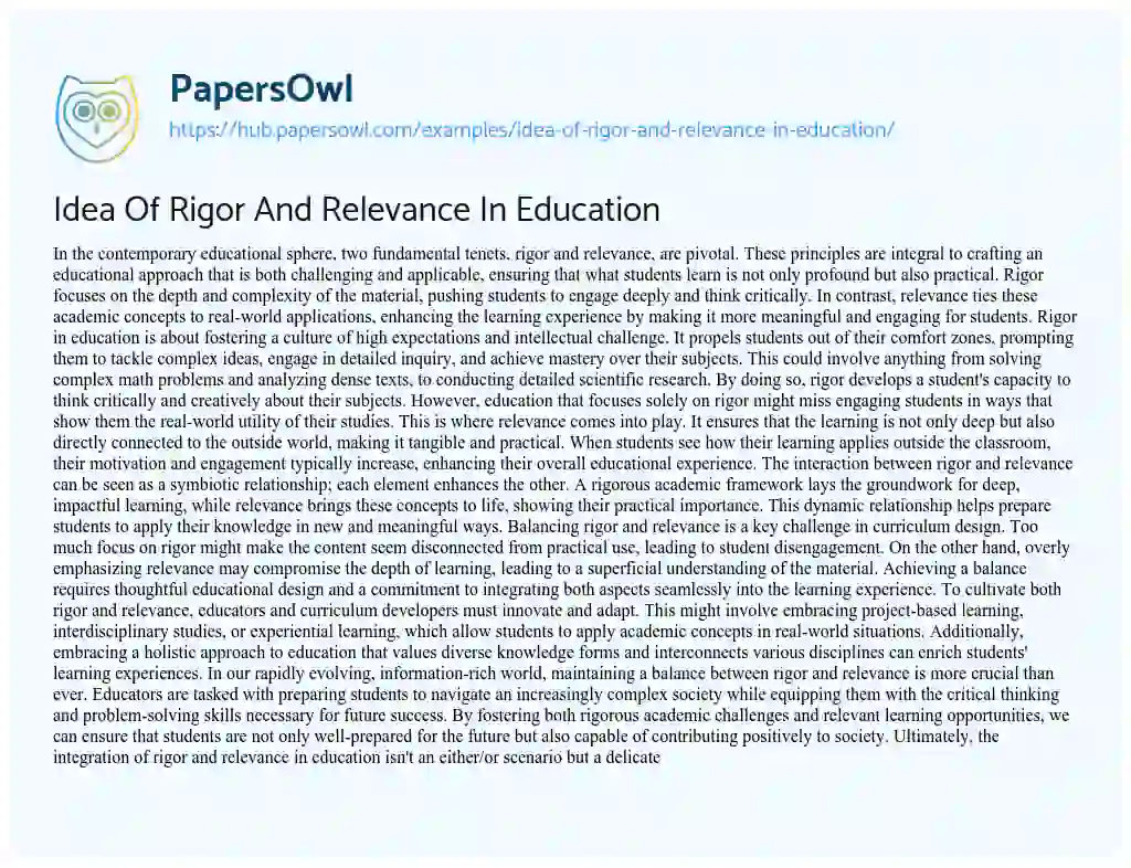 Essay on Idea Of Rigor And Relevance In Education