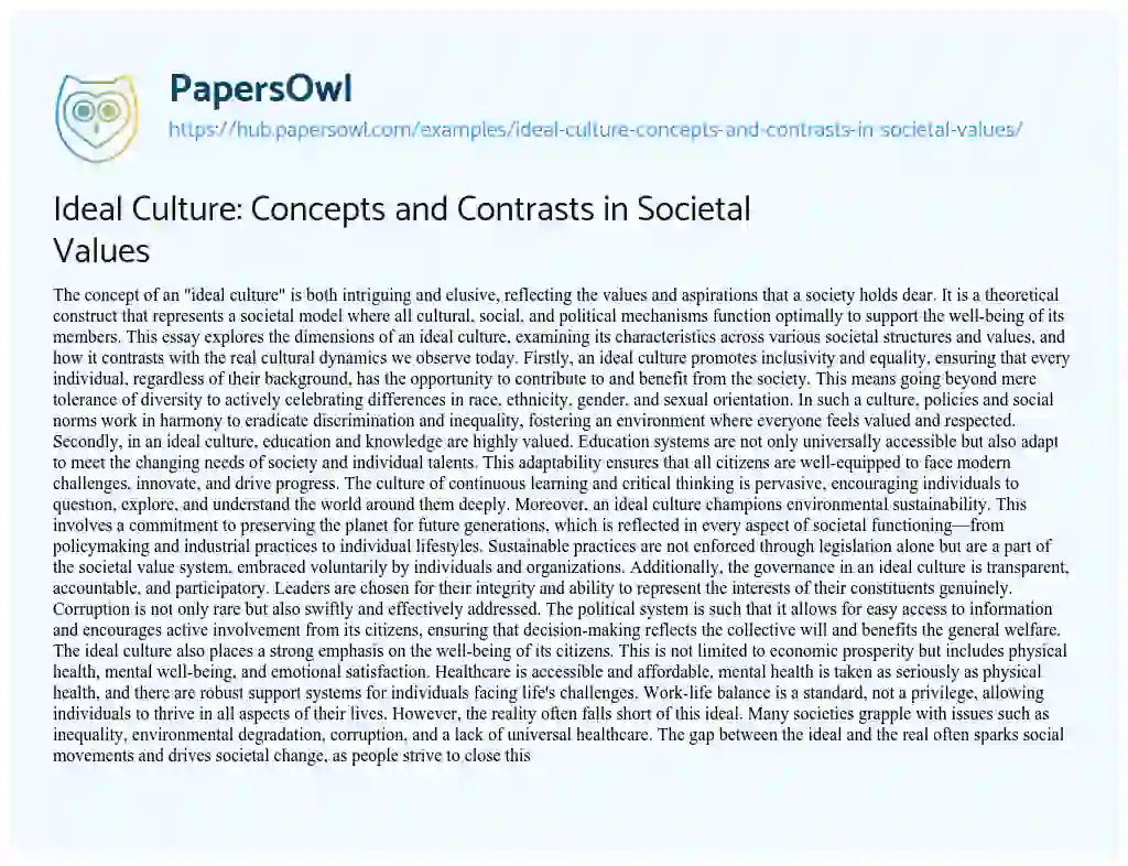 Essay on Ideal Culture: Concepts and Contrasts in Societal Values