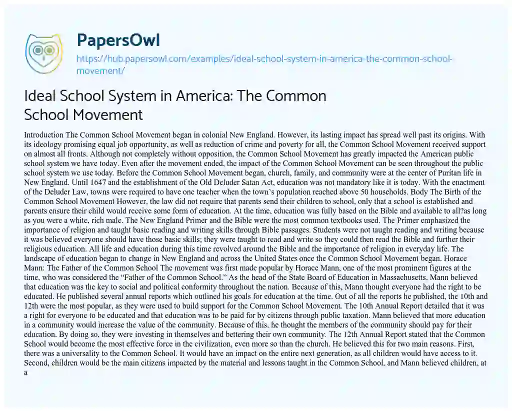 Essay on Ideal School System in America: The Common School Movement
