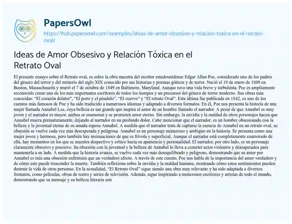 Essay on Ideas de Amor Obsesivo y Relación Tóxica en el Retrato Oval