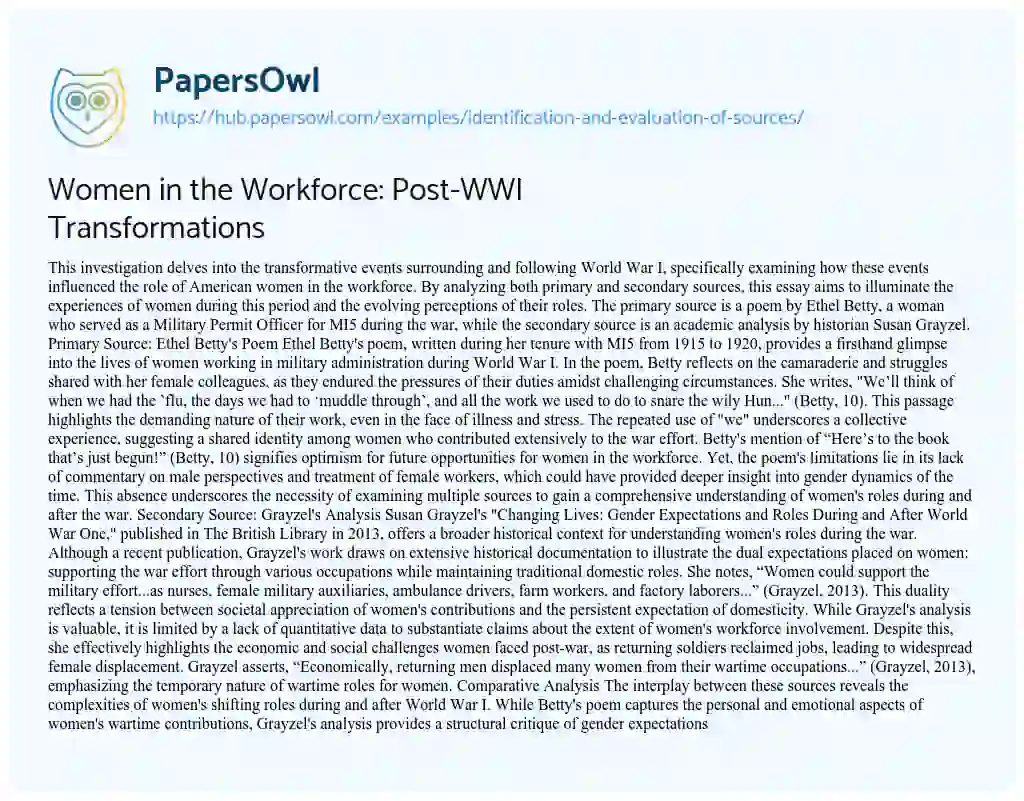 Essay on Women in the Workforce: Post-WWI Transformations