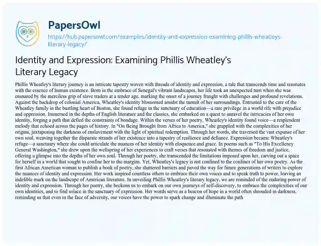 Essay on Identity and Expression: Examining Phillis Wheatley’s Literary Legacy