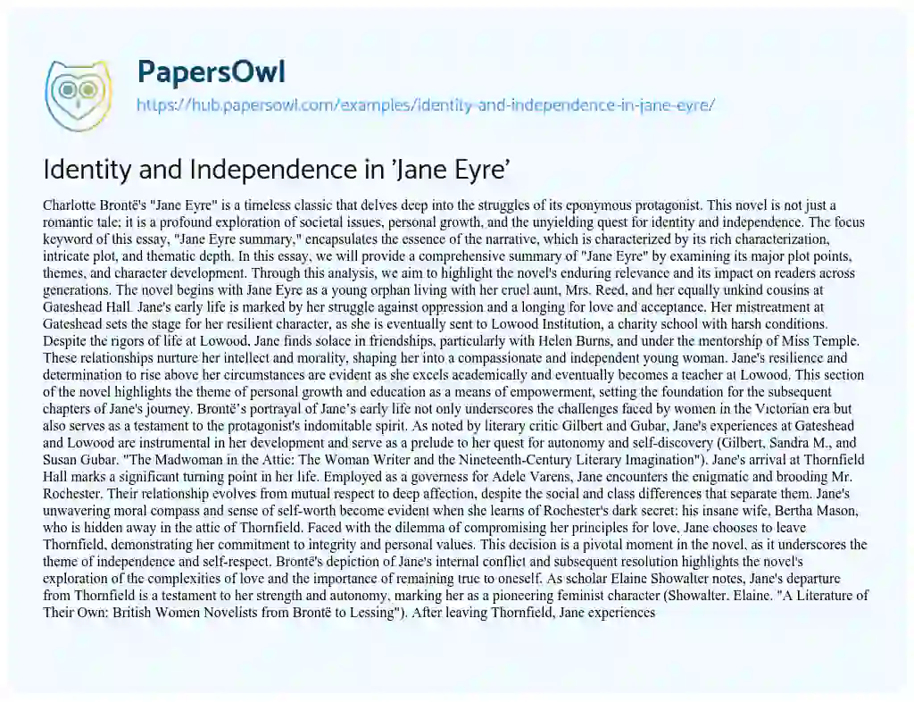 Essay on Identity and Independence in ‘Jane Eyre’